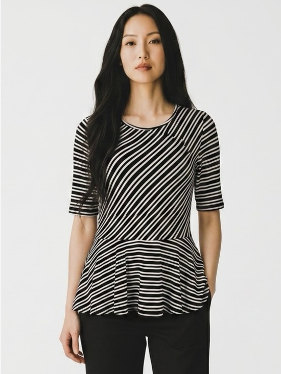 Apt. 9 Tops - Apt. 9 Petite Striped Peplum Top Black White Short Sleeve PS